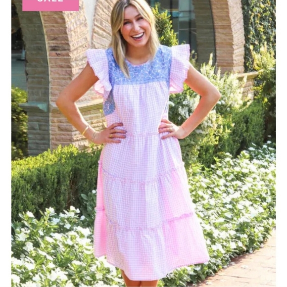 J. Marie Tiered A-line Gingham Dress With Embroidery - Picture 4 of 12